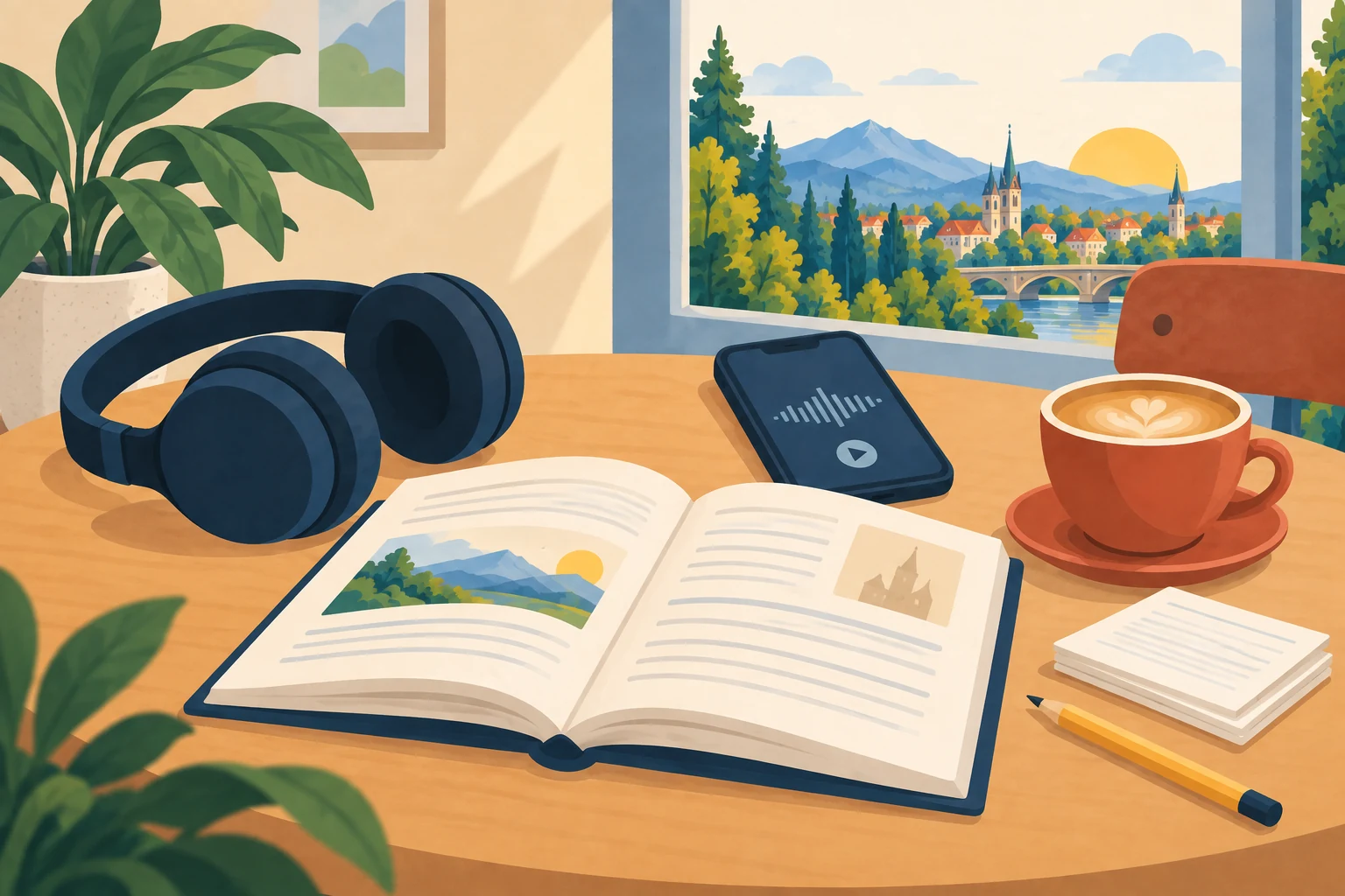 Libro y auriculares para practicar comprensión lectora y auditiva en alemán